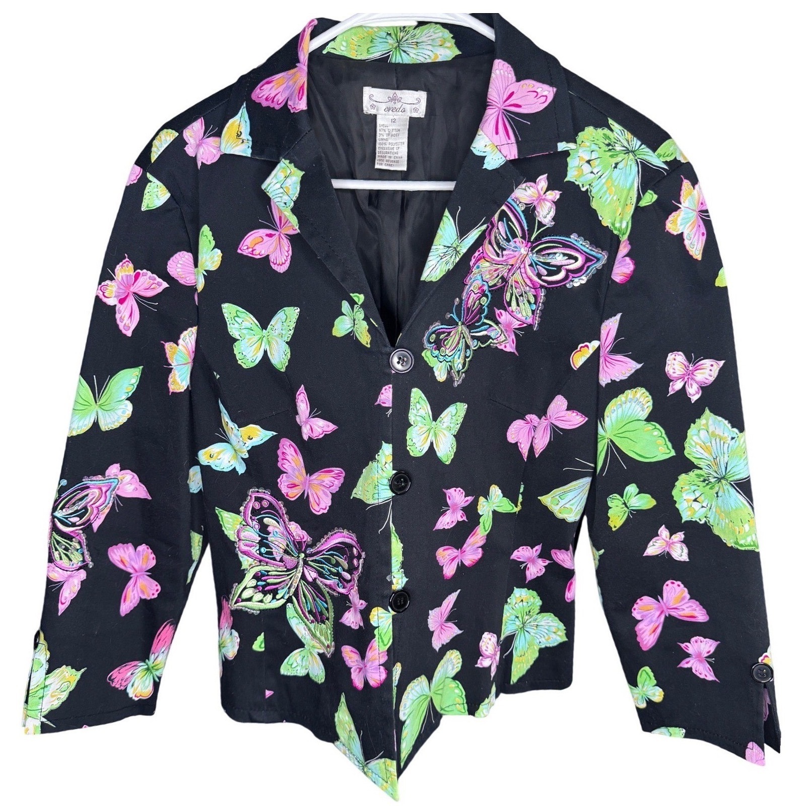 Festival Retro Butterfly Blazer Black Multicolor Maximalist Sequin Jacket Sz 12 — image 2 of 8